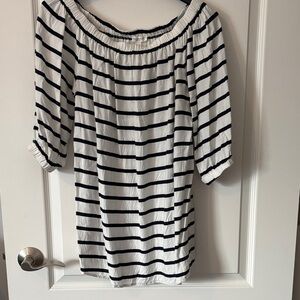 beachlunchlounge White and Navy Striped Off-Shoulder Top